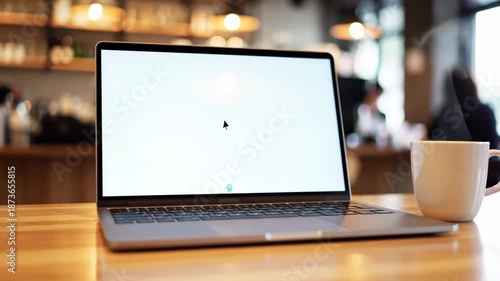 Modern laptop with blank white screen and coffee cup on wooden table in cozy cafe, remote work or study