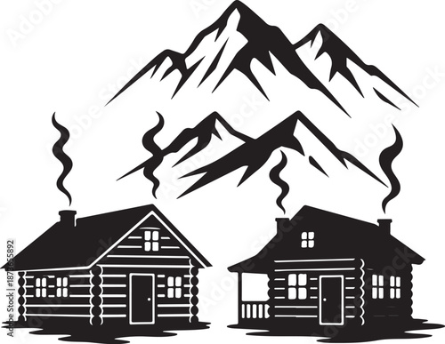 A cozy detailed log cabin nestled between two pine trees.