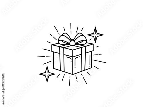 Handdrawn gift box with decorative ribbon and exploding confetti effect illustration