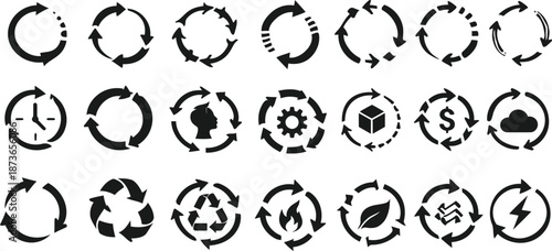 Circular Icons Set: A comprehensive collection of circular arrow icons, illustrating diverse concepts such as time, recycling, and energy.