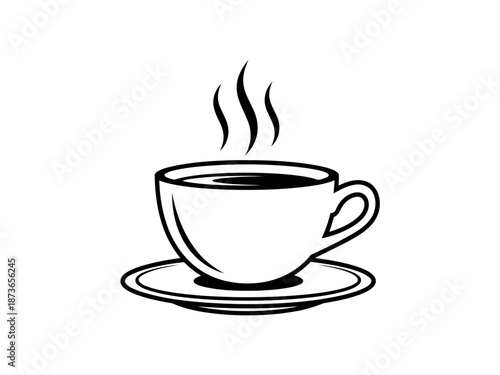 Steaming cup of hot coffee with rising vapor on a saucer illustration