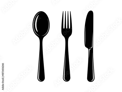 Set of three stainless steel eating utensils including spoon, fork and knife