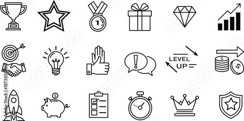Collection of 16 business and achievement icons in black and white