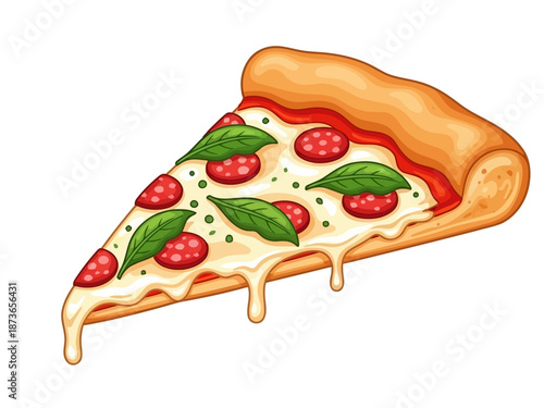 Delicious slice of pepperoni pizza with melted cheese and fresh basil leaves