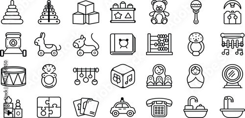 Collection of 25 black and white line icons for children and nursery