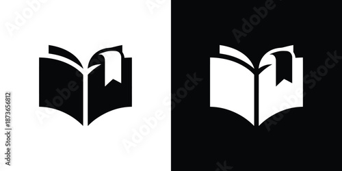 Open Book Icon with Ribbon Bookmark, Black and White Isolated Design, Transparent