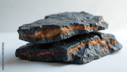 Two pieces of mica schist are placed on white surface. Dark grey mineral stone layers with copper colored veins. The photo demonstrates stone texture background.