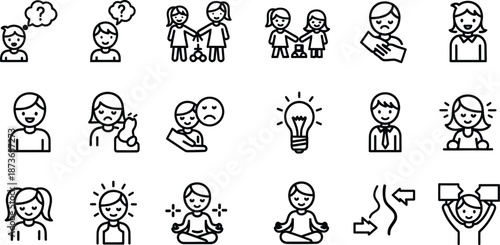 A collection of 16 line icons depicting people communicating and sharing ideas