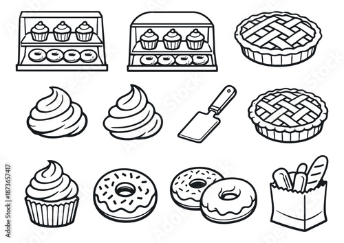 Hand drawn line art bakery food set featuring various sweet treats and bakery goods for dessert shop design
