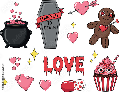 Creepy cute Valentine vector set featuring a voodoo doll gothic coffin with love you to death text pink hearts and a spooky cupcake in a pastel goth doodle style.