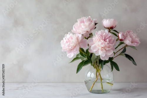 Delicate bouquet of pink peonies in transparent vase on surface with modern striped accents and marble background for floral design, interior styling and lifestyle branding concept photography