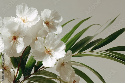 Elegant arrangement of pure white blossoms layered with vibrant green tropical foliage in calm minimal setting for eco-friendly lifestyle branding, botanical design and modern editorial concepts