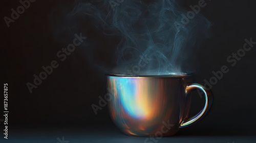 Minimal holographic coffee cup with glowing steam effect in radiant iridescent rainbow colors perfect for modern cafe lifestyle branding and contemporary beverage advertising marketing campaigns