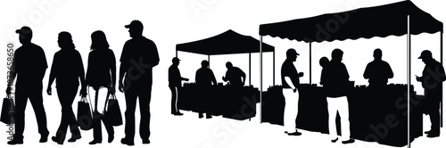 Black silhouettes of people walking with bags and shopping at outdoor street market stalls, customers buying fresh products from vendors, isolated vector illustration
