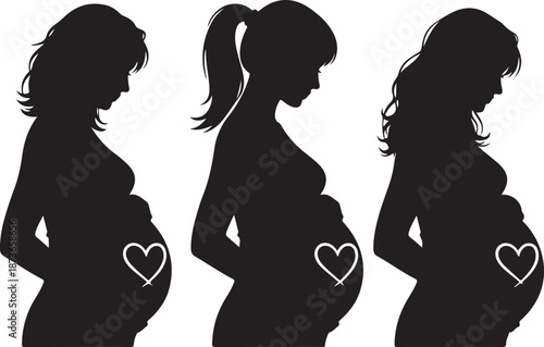 Three pregnant women silhouettes with heart on belly