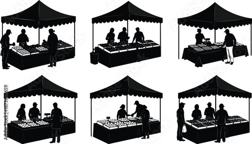 Black silhouettes of people shopping at outdoor market stalls under tents, customers buying fresh produce and fruit from vendors, isolated vector illustration