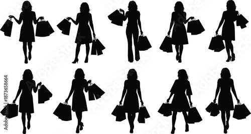 Black silhouettes of women walking and carrying many shopping bags, set of shoppers in different poses, retail consumerism concept, isolated vector illustration (23 words)