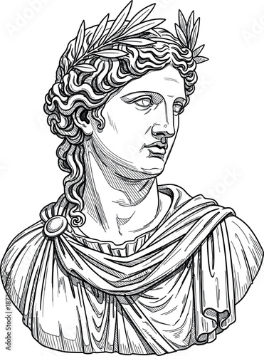 Classical Greek or Roman marble bust statue of a man with laurel wreath crown in detailed black and white woodcut engraving vector style.