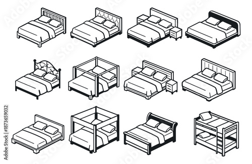 Isometric line art bed set featuring various types of beds for home interior design