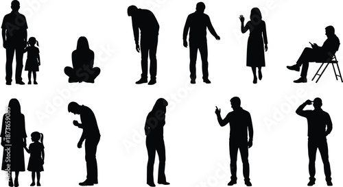 Collection of diverse human silhouettes including office workers, wheelchair users, joyful families, professional swimmers, ballet dancers, ballroom couples, black cat, and birthday bicycle,