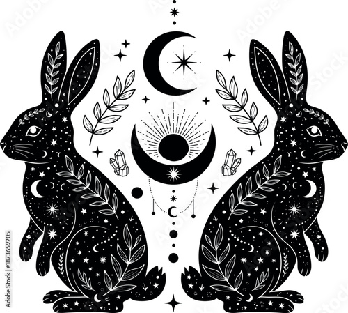 Celestial mystical rabbits vector illustration featuring two black hares decorated with stars crescent moons and cosmic floral elements in a bohemian occult spiritual style.