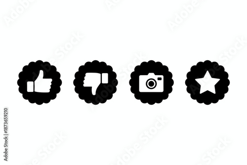 Customer Feedback and Social Media Icon Set, Thumbs Up, Thumbs Down, Camera, and Star Symbols in Scalloped Circle Glyph Style