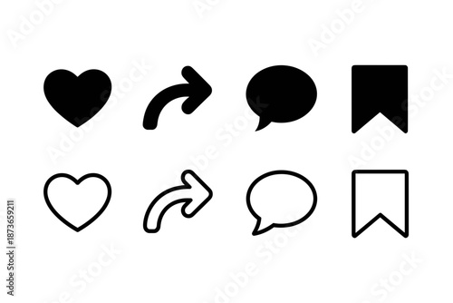 Social Media Interaction Icon Set, Heart Like, Share Arrow, Comment Chat, and Bookmark Save Symbols in Line and Glyph Styles