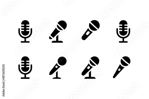 Microphone and Podcast Icon Set, Retro and Modern Mic Glyph Symbols for Recording, Music, and Broadcast Isolated on White Background