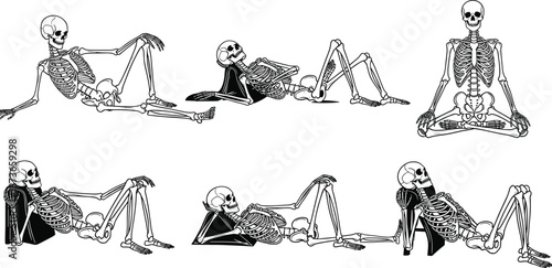 Collection of human skeleton line art in various relaxed poses including lying down, sitting in yoga meditation, and resting on pillows, vector illustration,