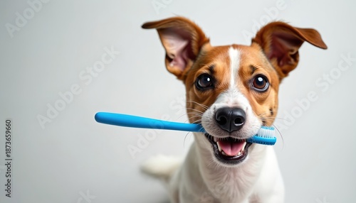 A clever dog holds a blue toothbrush in its mouth. The pet smiles showing healthy teeth in this photo. Oral hygiene concept for dogs. A canine dental care image.