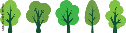 Green Summer Forest Canopy, Lush Deciduous Tree Variations, Eco-Friendly Growth and Sustainability, Row of Five Stylized Green Trees, Modern Greenery Icon Set, vector, illustration, silhouette