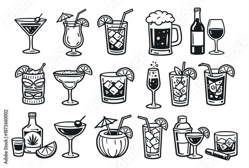 Hand drawn line art alcoholic drinks set featuring various cocktails, beer, wine, and spirits for bar menus and party invitations