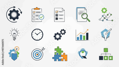 Collection of business and project management icons and symbols.
