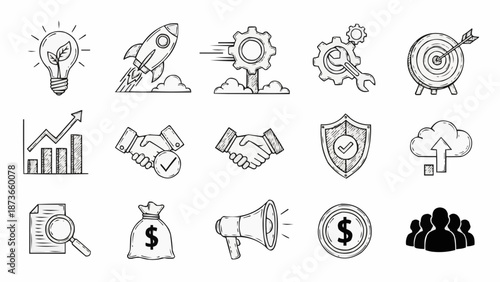 Collection of business and startup icons in doodle style.