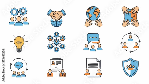 Collection of Business and Teamwork Icons with Global Connection Theme.