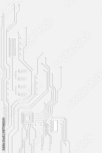 Symmetrical grey electronic circuit pathways and microchips spread across a white background