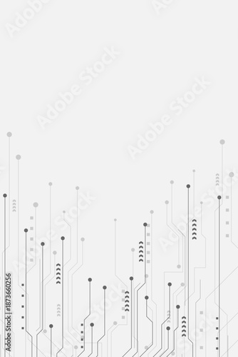 Symmetrical grey electronic circuit pathways and microchips spread across a white background