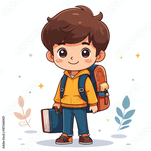 Smiling schoolboy character with backpack and book, ready for education journey vector art.