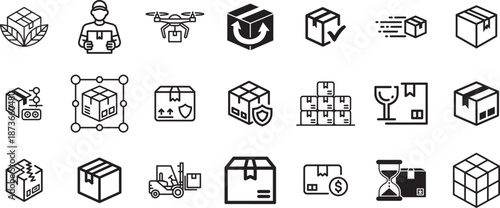 Collection of icons representing various logistics and delivery concepts, including boxes, drones, trucks, and warehouses.