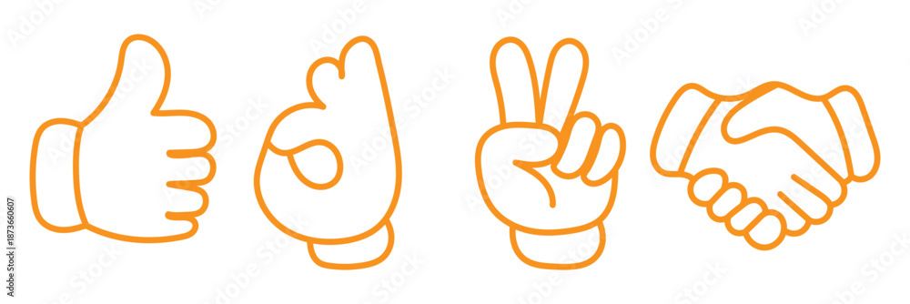 Fototapeta premium A collection of classic cartoon hands in various gestures and poses, including thumbs up, pointing, and a fist, on a white background.