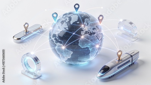 Futuristic 3D isometric globe with high-speed train and location pins in silver and blue colors representing global logistics and connectivity with copy space