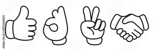 A collection of classic cartoon hands in various gestures and poses, including thumbs up, pointing, and a fist, on a white background.