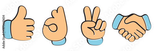 A collection of classic cartoon hands in various gestures and poses, including thumbs up, pointing, and a fist, on a white background.