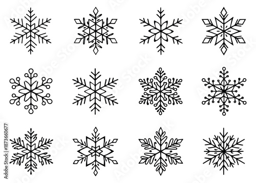 Hand drawn line art snowflake set featuring various intricate designs for winter and Christmas decoration