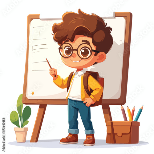 Smiling Young Student Presenting on Whiteboard, Learning and Education Concept