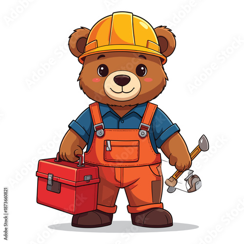 Friendly cartoon bear character in safety gear holding tools and a toolbox, ready for work or learning a trade