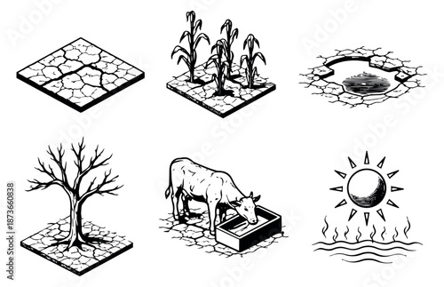 Hand drawn line art drought elements set featuring cracked earth, withered plants, a barren tree, and a cow for environmental concepts