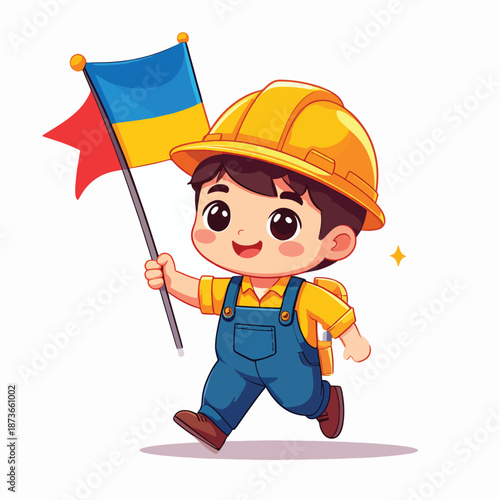Determined little engineer cartoon character in hard hat with blue and yellow flag