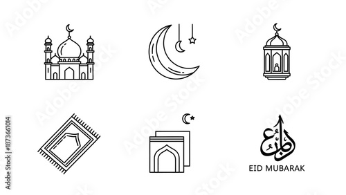 Islamic Ramadan Kareem and Eid Mubarak Line Icon Set, Minimalist Vector of Mosque, Lantern, Crescent Moon, and Prayer Rug for Graphic Design