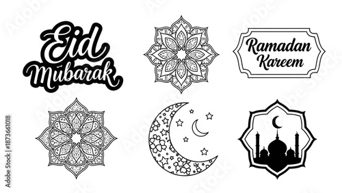 Set Elemen Vektor Ramadan dan Idul Fitri, Ornamen Islami, Bulan Sabit, Siluet Masjid, dan Pola Mandala